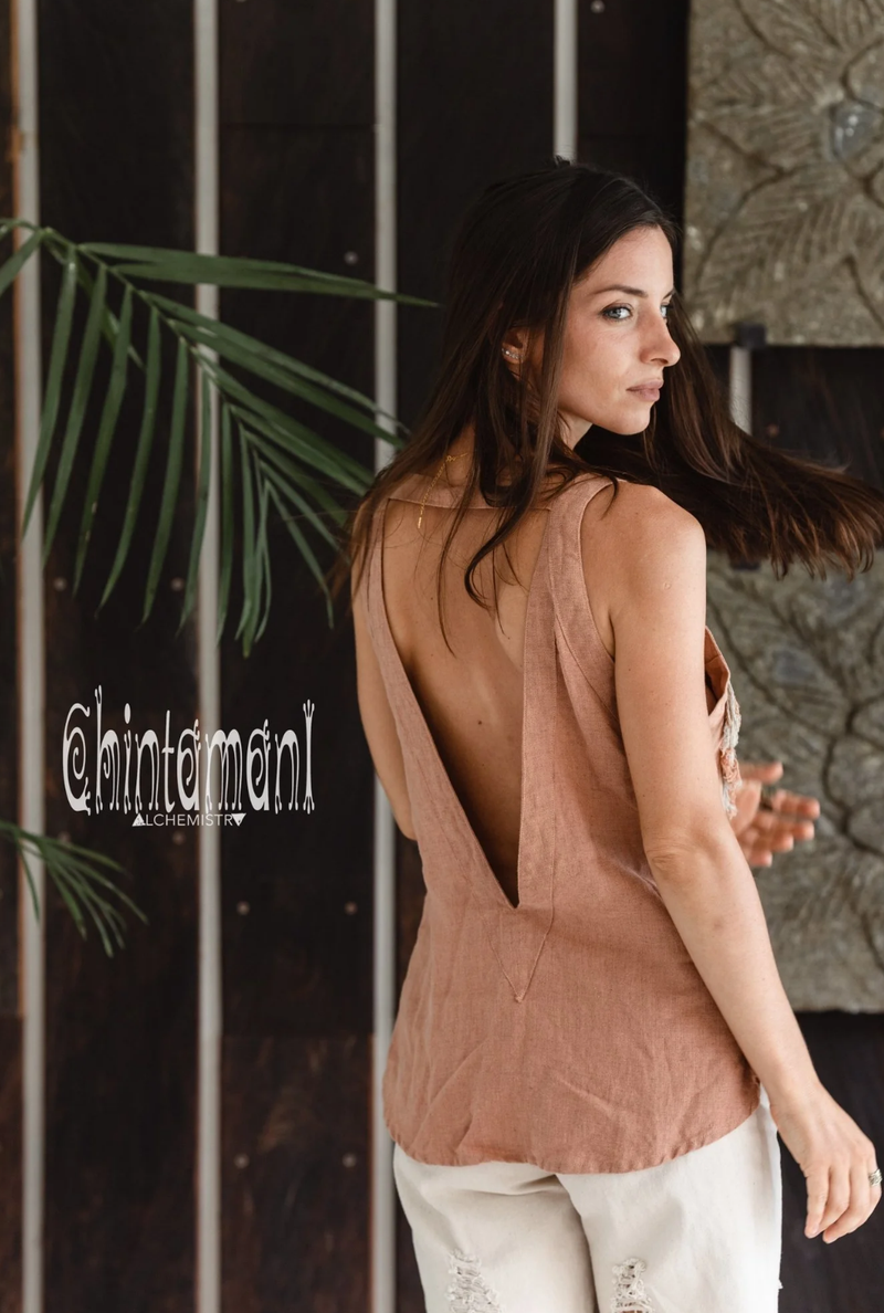 Backless dustyrose linen boho top