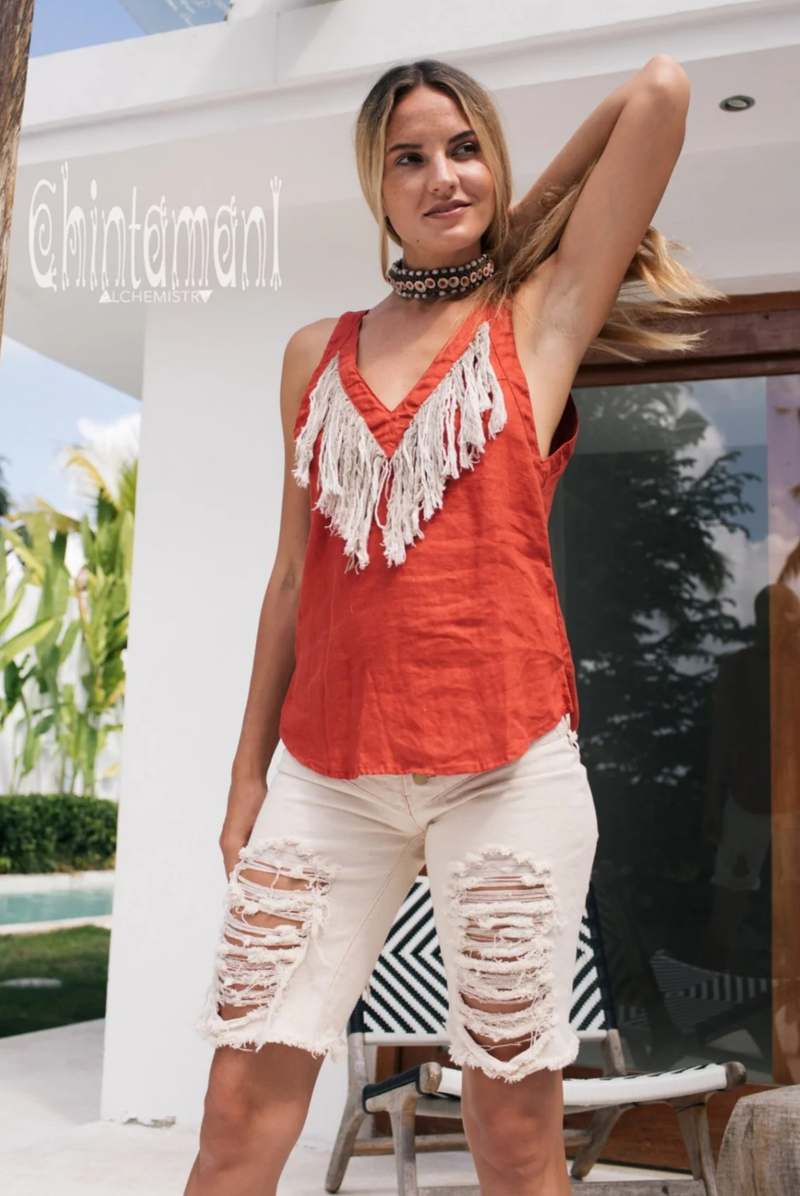 Backless red linen boho top