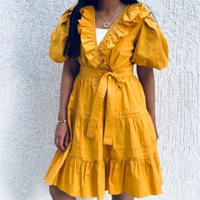 Yellow puff sleeves wrap dress