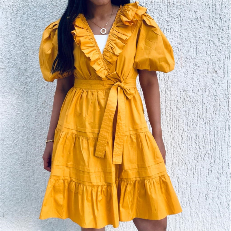 Yellow puff sleeves wrap dress