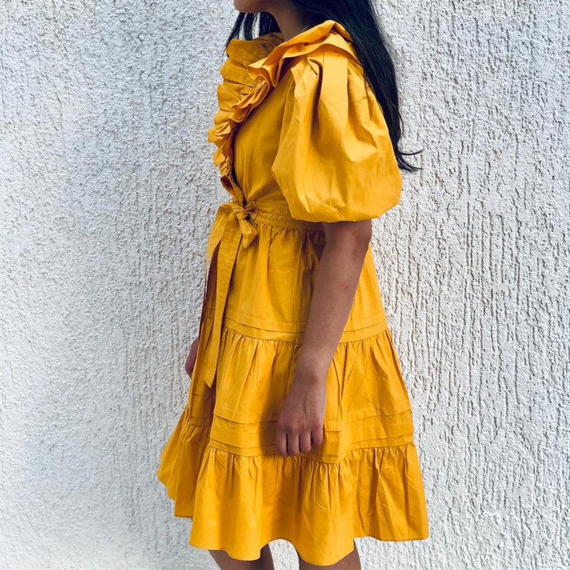Yellow puff sleeves wrap dress