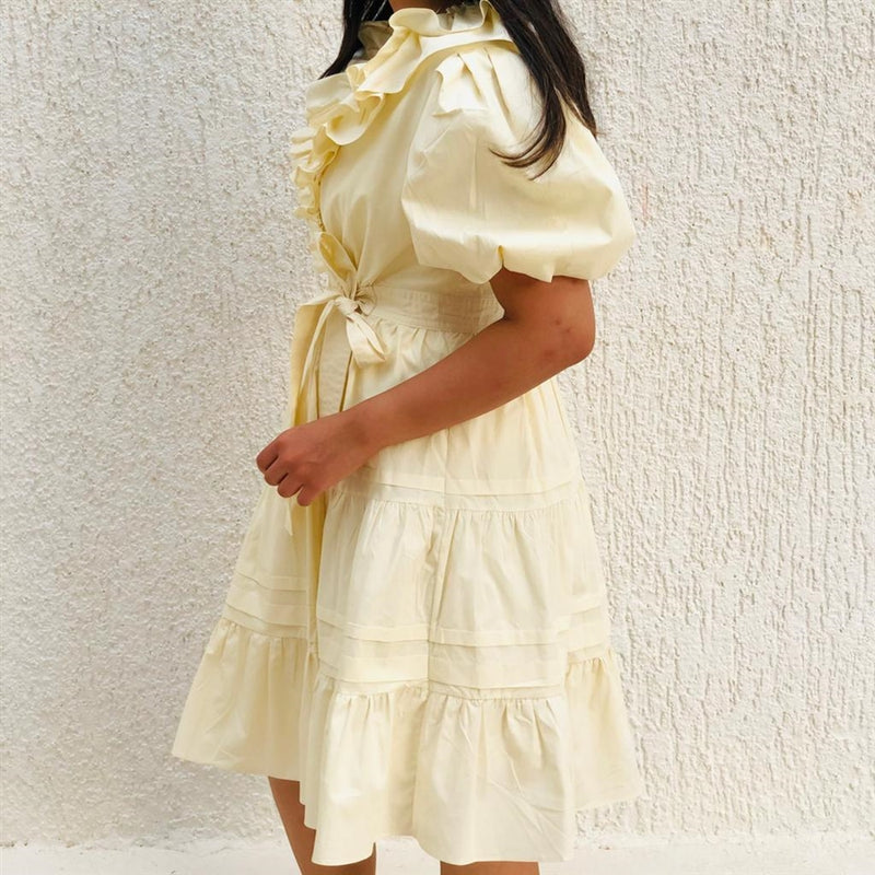 Cream  puff sleeves wrap dress