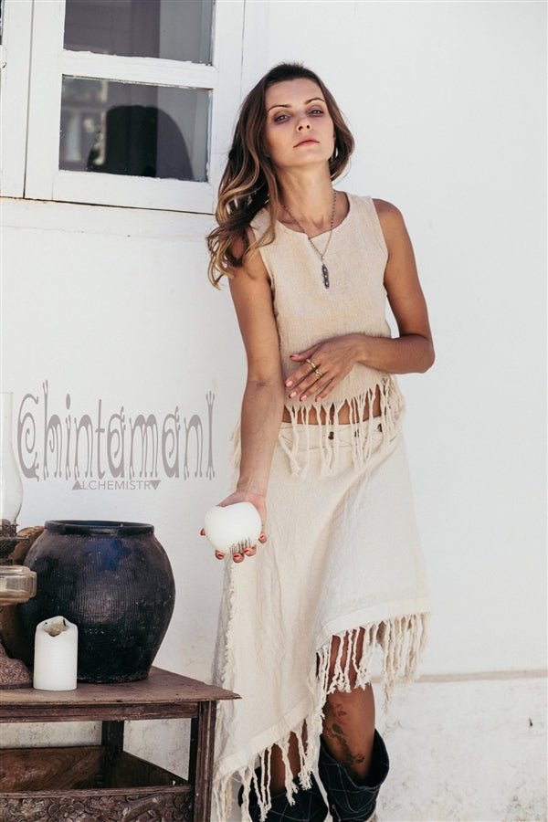 Raw Cotton Boho Wrap Skirt with Fringes - Off White