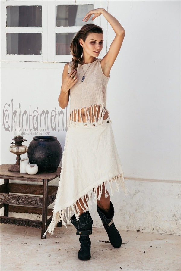 Raw Cotton Boho Wrap Skirt with Fringes - Off White