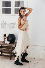 Raw Cotton Boho Wrap Skirt with Fringes - Off White