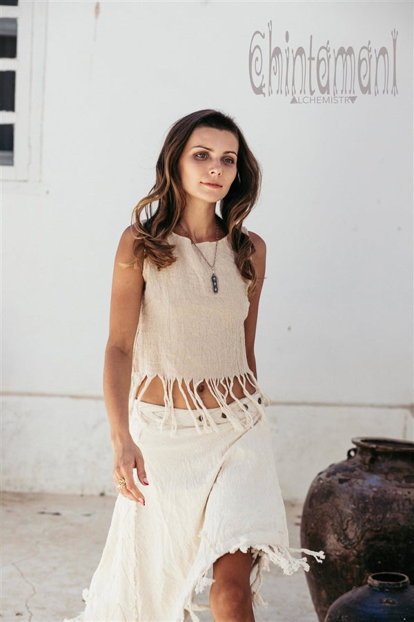Raw Cotton Boho Wrap Skirt with Fringes - Off White