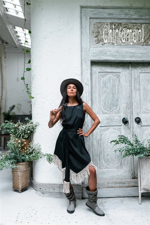 Bamboo Corner Fringe Dress  - Black