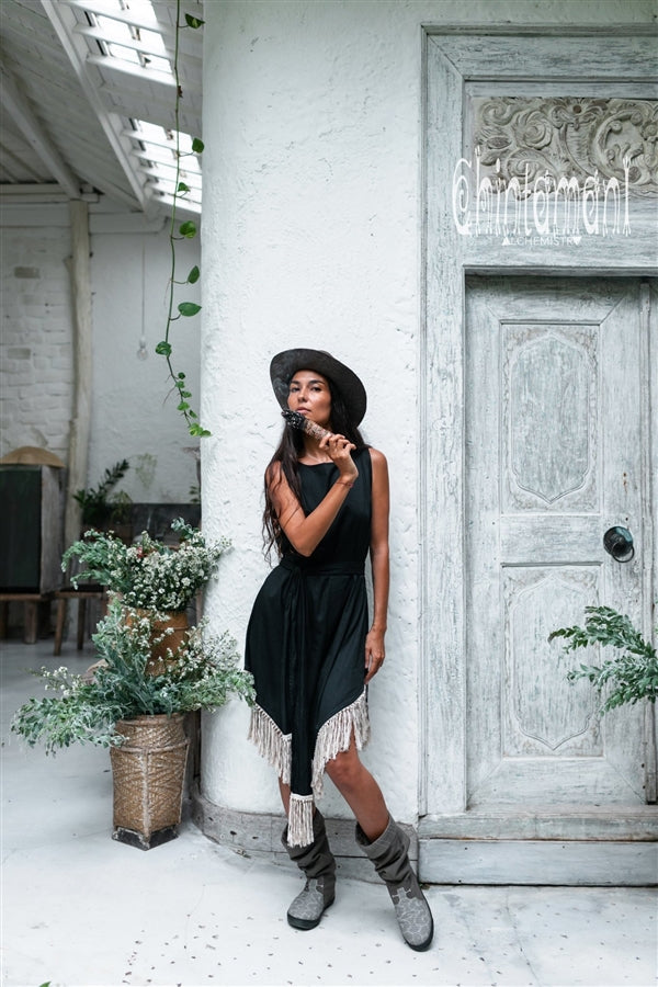 Bamboo Corner Fringe Dress  - Black