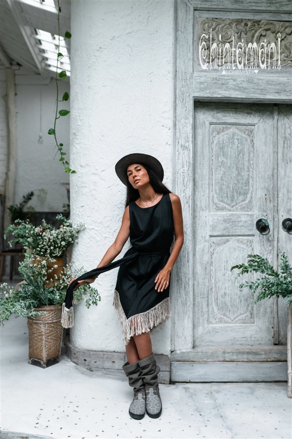 Bamboo Corner Fringe Dress  - Black