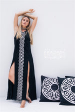 Organic Cotton Long Dress with Side Slit  - Black