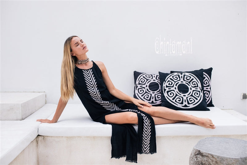 Organic Cotton Long Dress with Side Slit  - Black