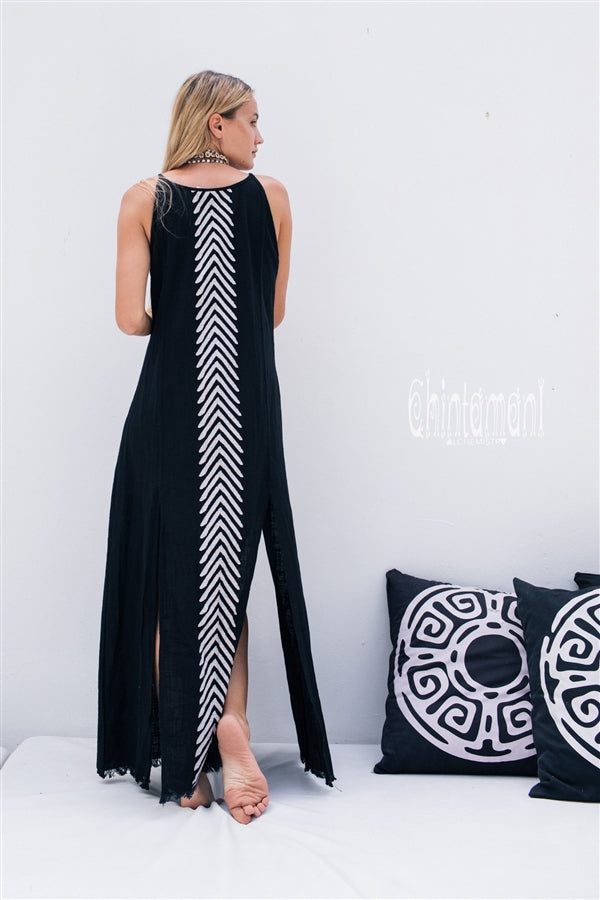Organic Cotton Long Dress with Side Slit  - Black