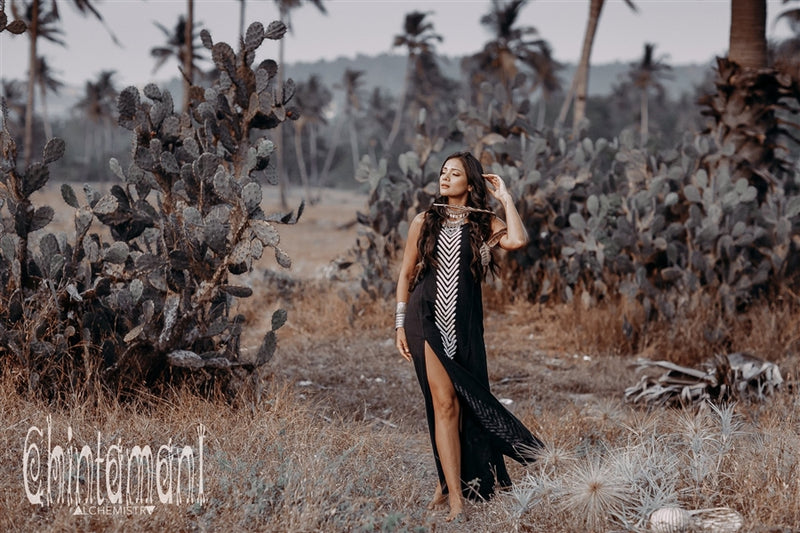 Organic Cotton Long Dress with Side Slit  - Black