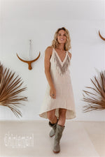 Cream fringe linen dress