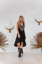 Black fringe linen dress