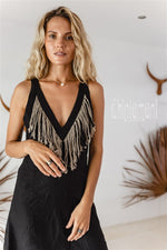 Black fringe linen dress