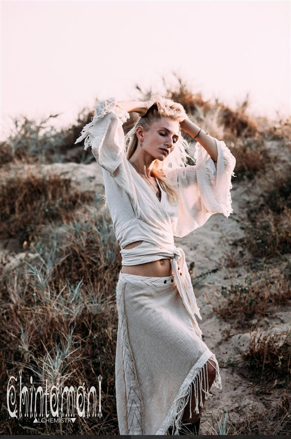 Raw Cotton Boho Wrap Skirt with Fringes - Beige