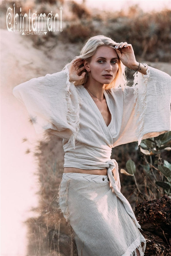 Raw Cotton Boho Wrap Skirt with Fringes - Beige