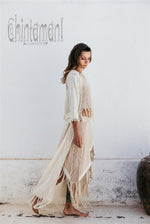 Raw Cotton Boho Wrap Skirt with Fringes - Beige
