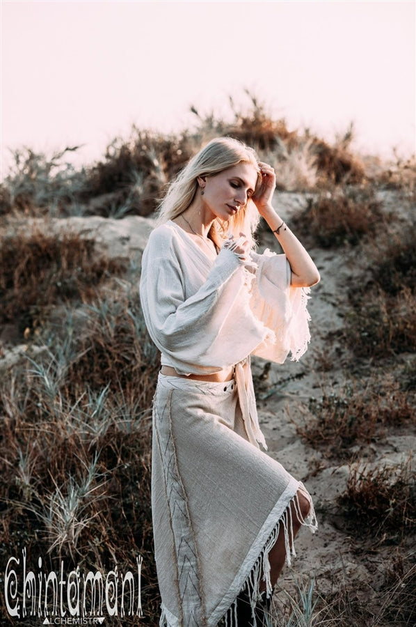 Raw Cotton Boho Wrap Skirt with Fringes - Beige
