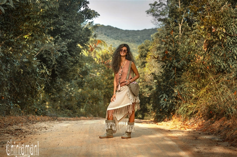 Raw Cotton Boho Wrap Skirt with Fringes - Beige