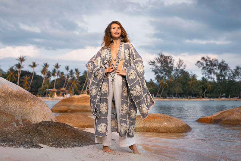 Gray floral long sleeves crochet Kimono