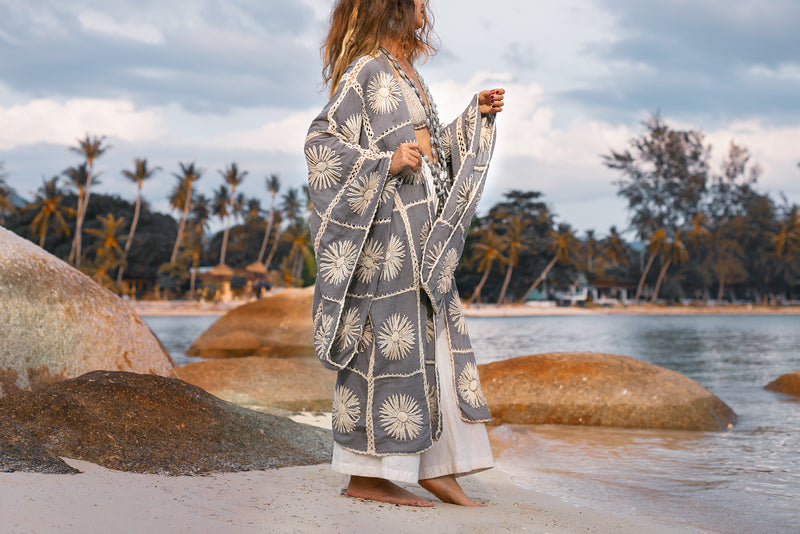 Gray floral long sleeves crochet Kimono
