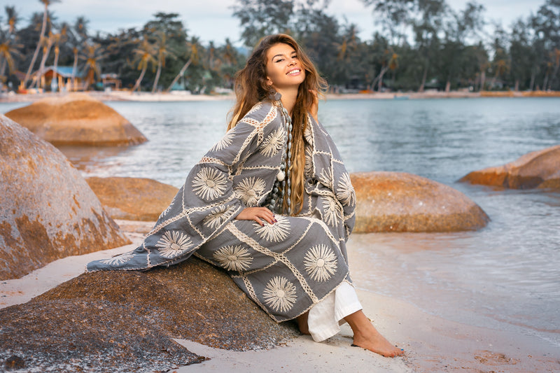 Gray floral long sleeves crochet Kimono