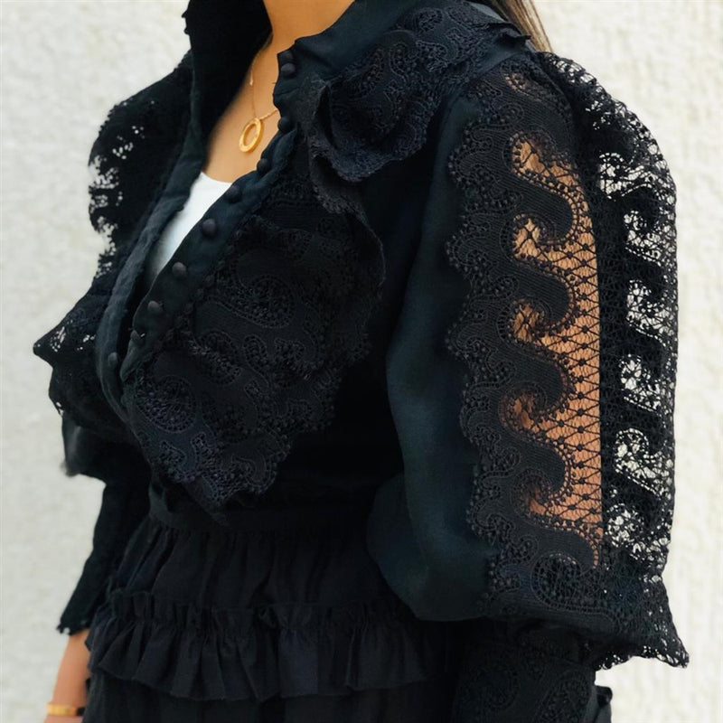 Black ruffled lace shirt