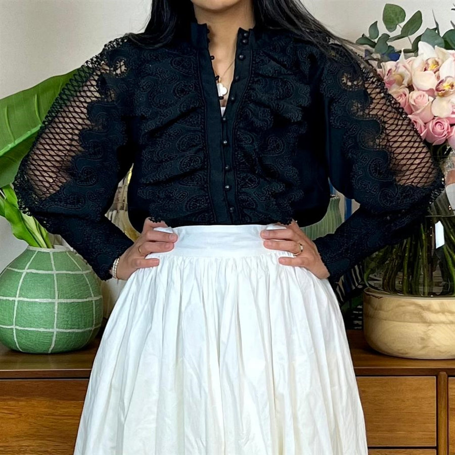 Black ruffled lace shirt