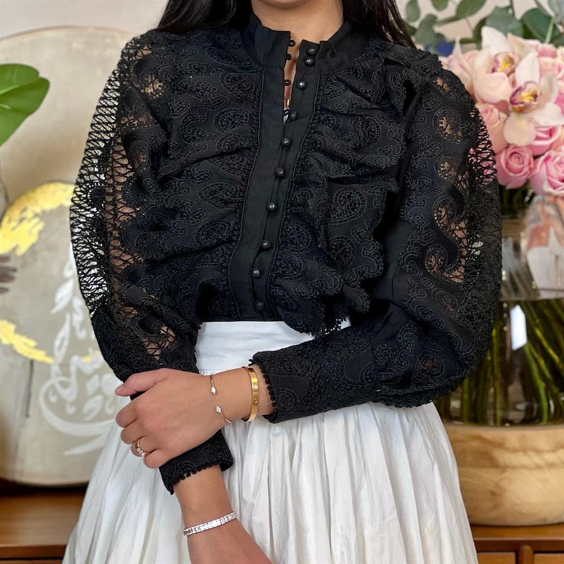 Black ruffled lace shirt