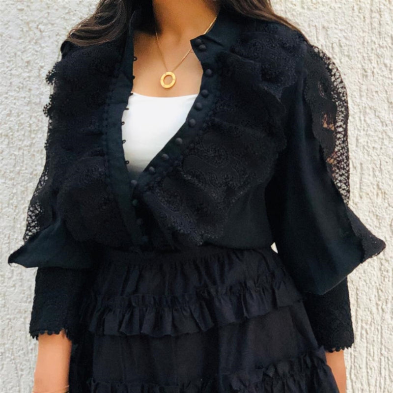 Black ruffled lace shirt