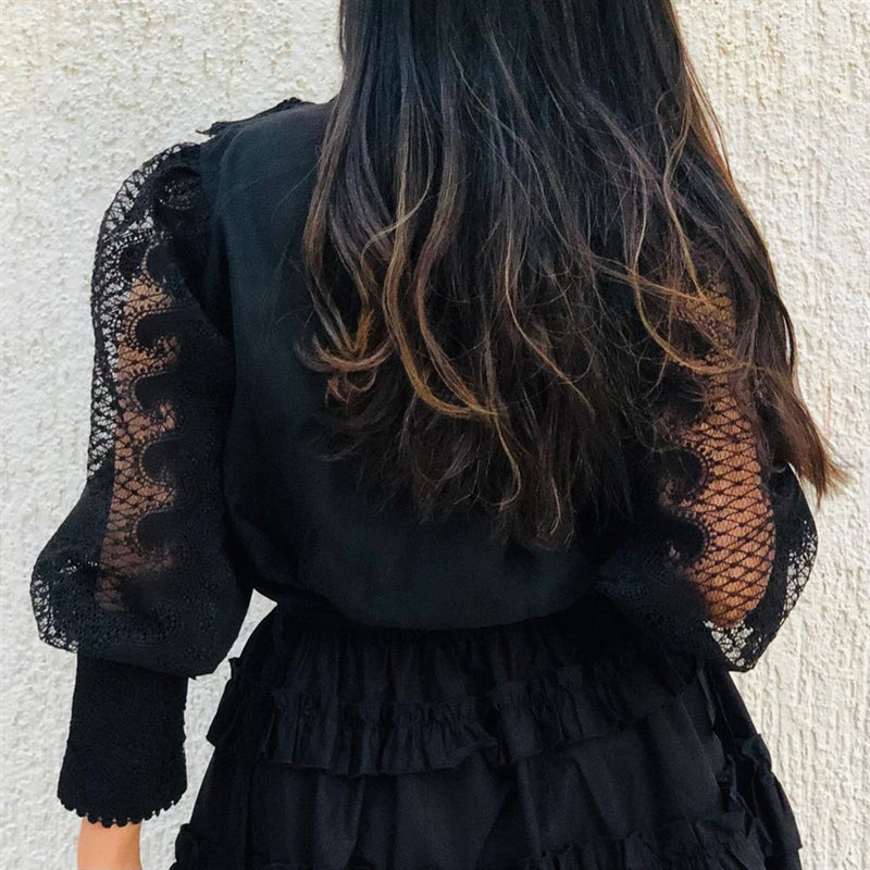Black ruffled lace shirt