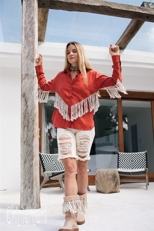 Red Boho linen shirt