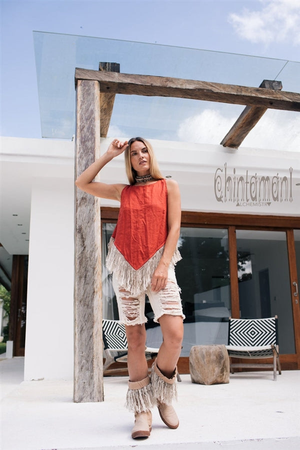 Red sleeveless linen fringe top