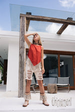 Red sleeveless linen fringe top