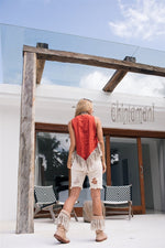 Red sleeveless linen fringe top