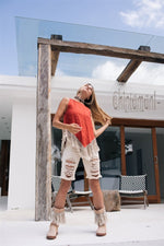 Red sleeveless linen fringe top
