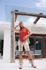 Red sleeveless linen fringe top