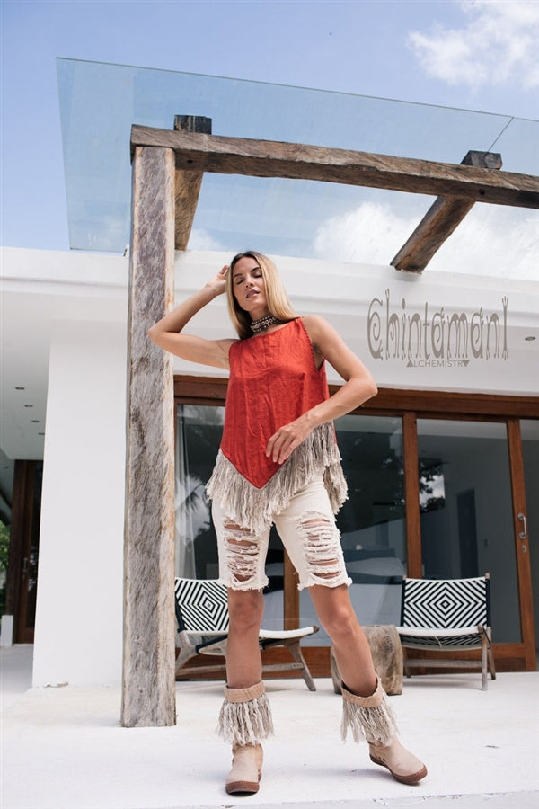 Red sleeveless linen fringe top