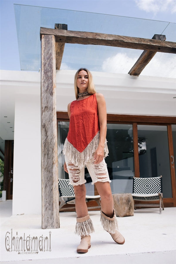 Red sleeveless linen fringe top
