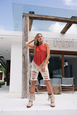Red sleeveless linen fringe top