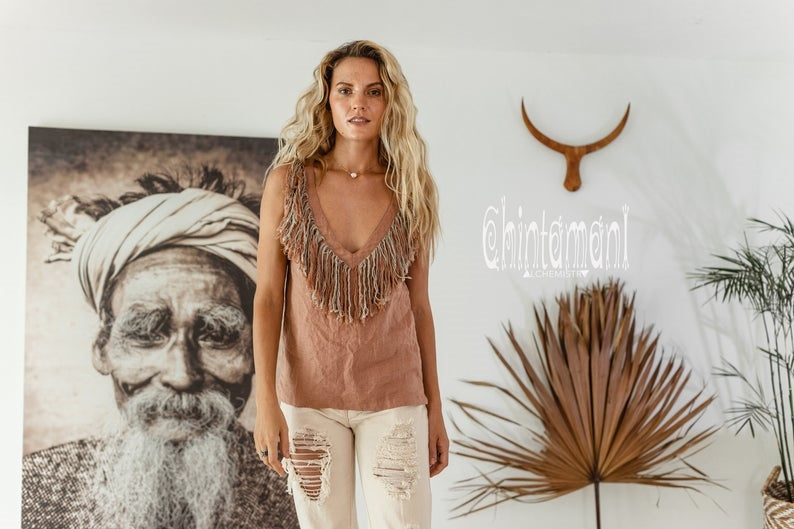 Dusty rose sleeveless linen boho top