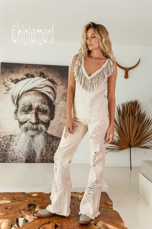 cream sleeveless linen boho top