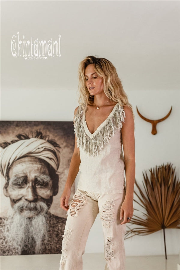 cream sleeveless linen boho top