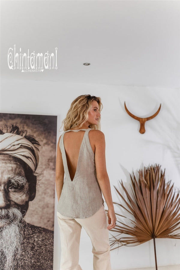 Backless grey linen boho top