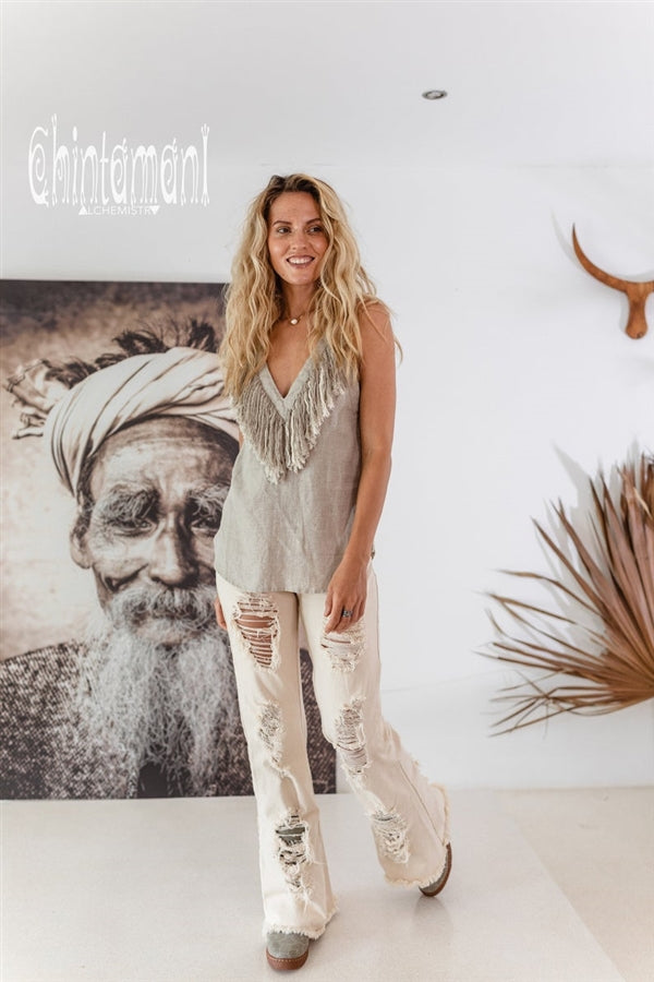 Backless grey linen boho top