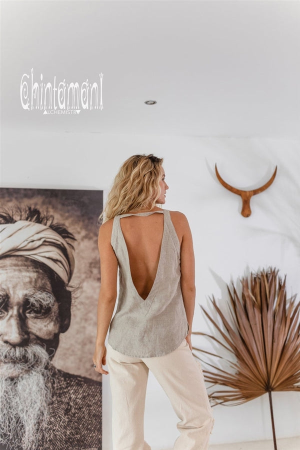 Backless grey linen boho top