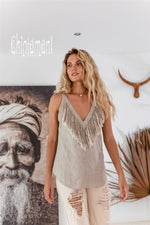 Backless grey linen boho top