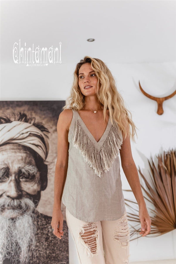 Backless grey linen boho top